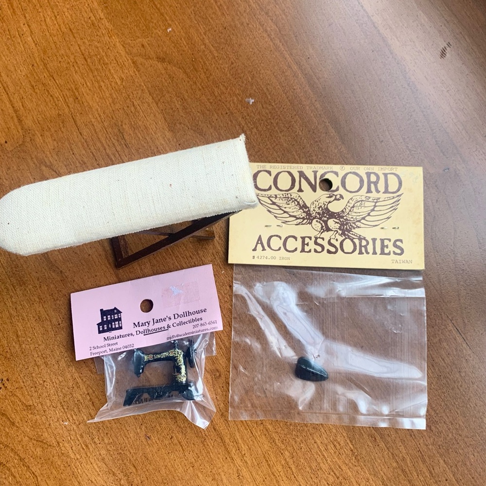New Vintage Dollhouse Accessories, 3 pcs: Iron Board, Iron, Singer Sew Machine.